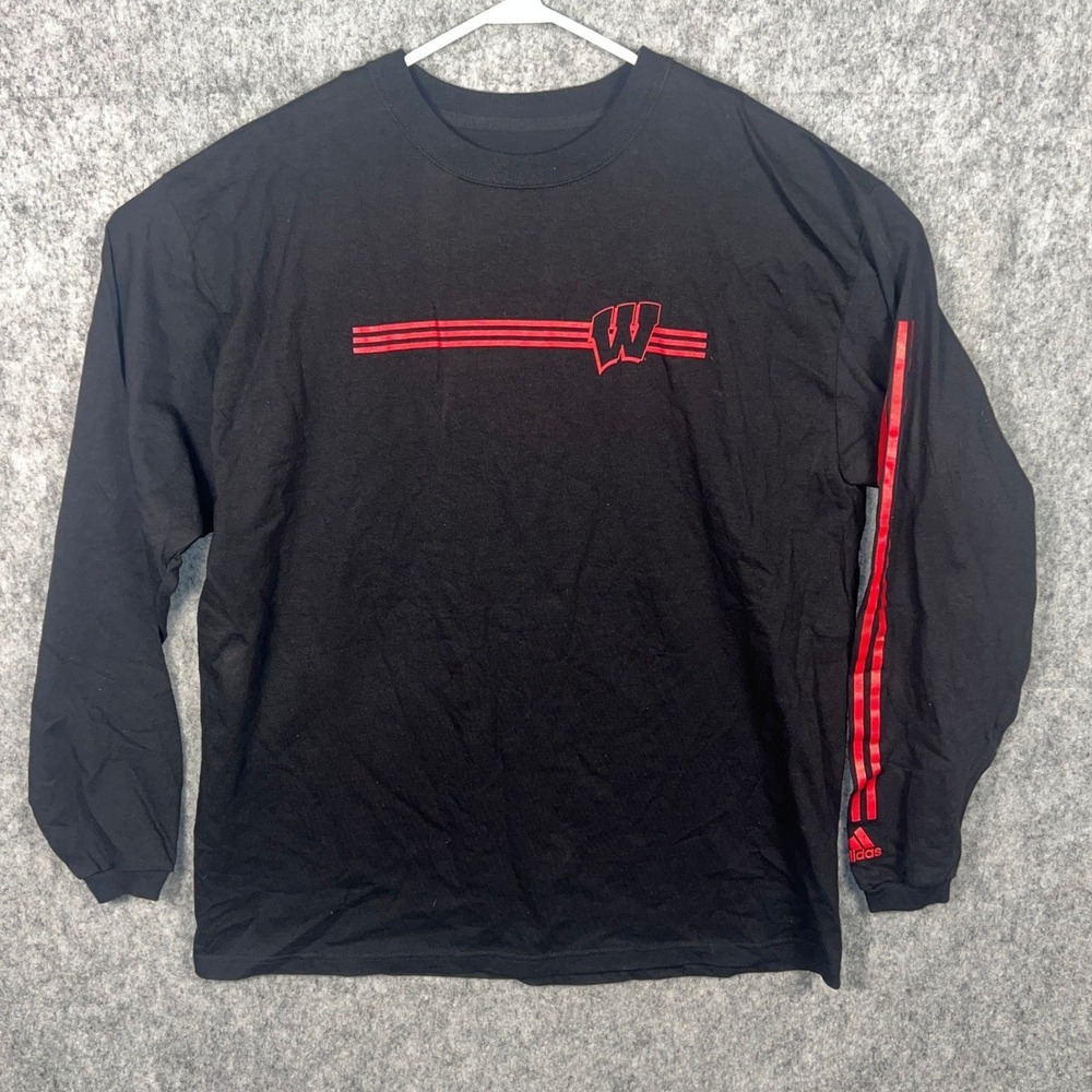 Adidas Wisconsin Badgers Mens Large Black Long Sleeve T-Shirt Graphic Tee Cotton